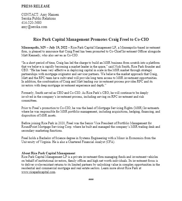 Rice Park Capital Management Promotes Craig Freel to Co-CIO